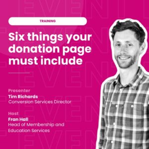 A picture of a man in black and white advertising a training session about how to improve your donation page