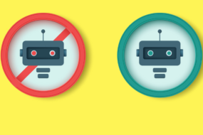 image with a yellow background and two robot heads - one with a no entry and one with a green circle.