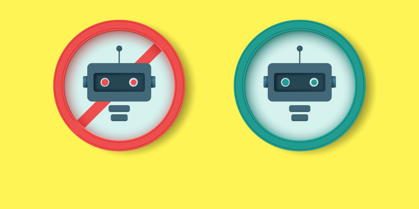 image with a yellow background and two robot heads - one with a no entry and one with a green circle.